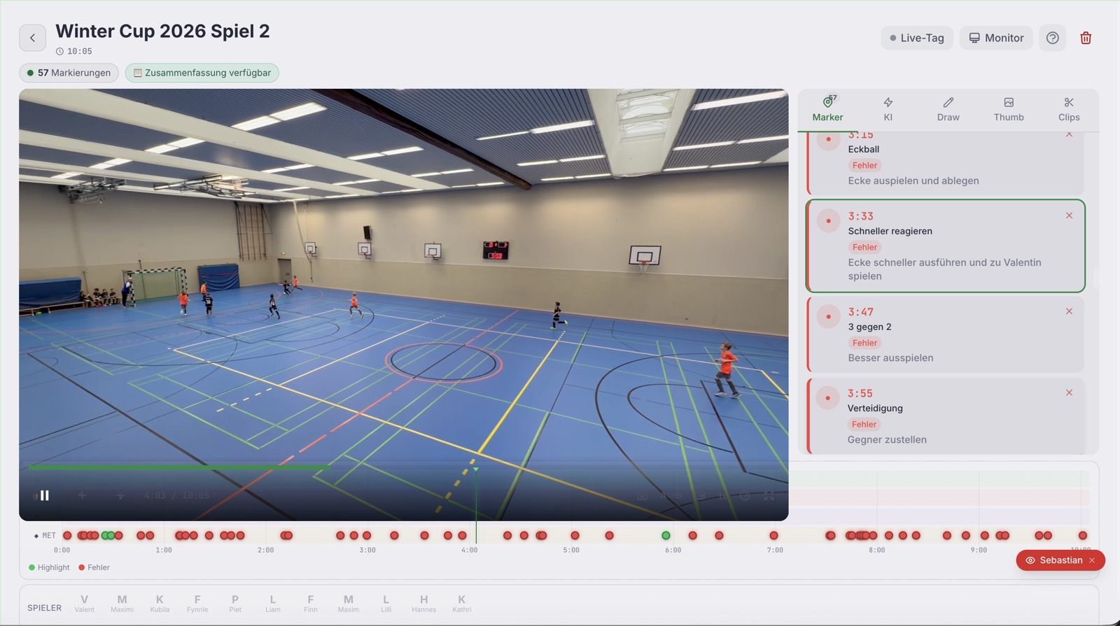 ScoreBro Video-Analyse: Szene mit Markierungen und Tags